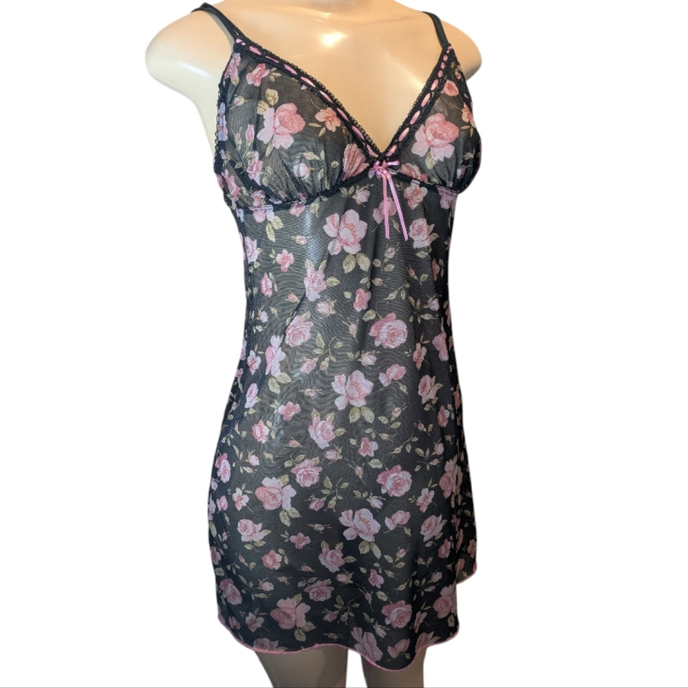 Pink Rose Black Sheer Mesh Babydoll Chemise Slip Women's Size Small